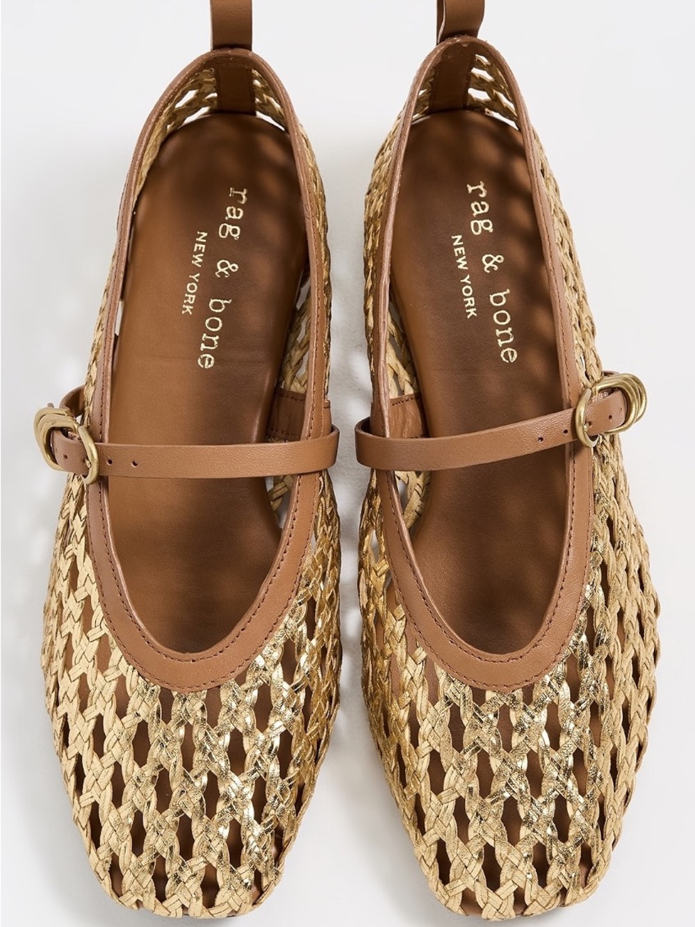 rag & bone Tan and Gold Woven Mary Jane Flats